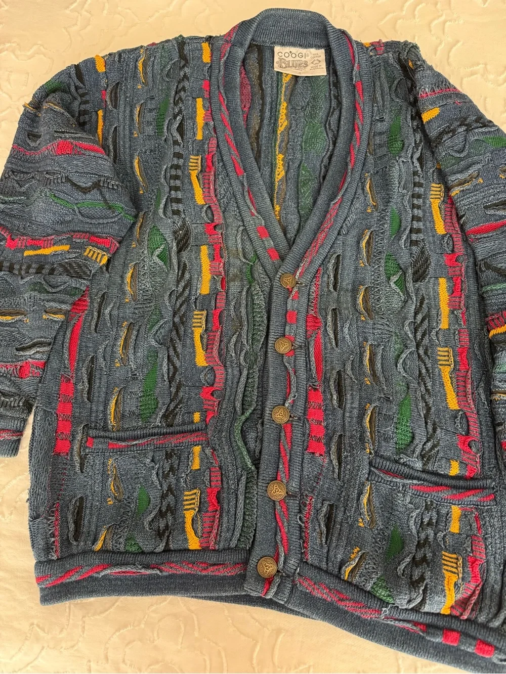 COOGI Blue Multicolor Shawl-Collar Cable Cardigan with Bold Accents